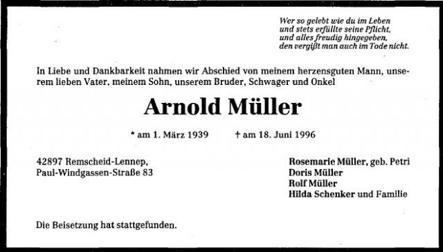 Mueller Arnold 1939-1996 Todesanzeige